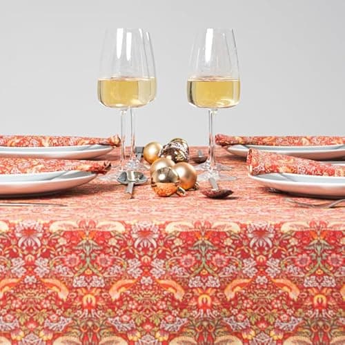 Image of William Morris Strawberry Thief Tablecloth, Crimson Red, 100% Cotton Lightweight Fabric, Round 120 CM