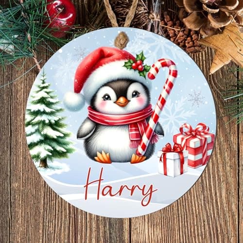 Image of Personalised Winter Fun Animal Round Hanging Decoration, Custom Name Bauble Keepsake Gift for Children Grandchildren Family & Friends (Penguin, MDF Wood - Indoor Use Only)