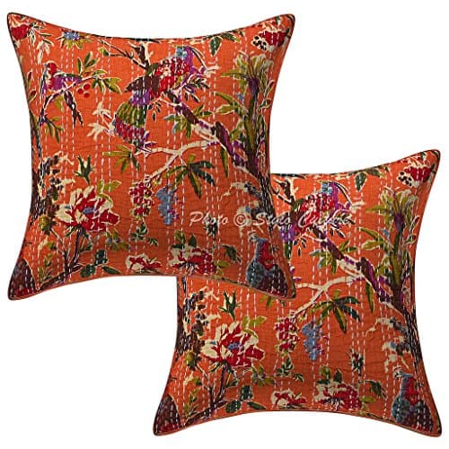 Image of Stylo Culture Cotton Indian Living Room Cushion Covers Orange 40 x 40cm Bird Couch Scatter Cushions Kantha Printed 16 x 16 Inches Throw Pillows (Set Of 2)