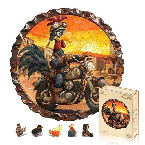 Image of Jigfoxy Wooden Puzzles for Adults, 300-Piece The Westbound Rooster Jigsaw Puzzle, Unique Animal-Shaped Jigsaw Puzzle for Adults and Teens, Creative Gift with Premium Wooden Box,13.4 * 13.3in