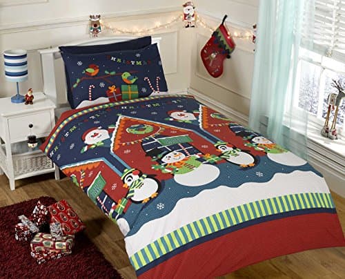 Image of Rapport Home Kids Christmas Duvet Cover Set | Festive Father Christmas, Snowman & Penguin Design Bedding | Soft Single 2-Piece Quilt Set | Multi-Colour