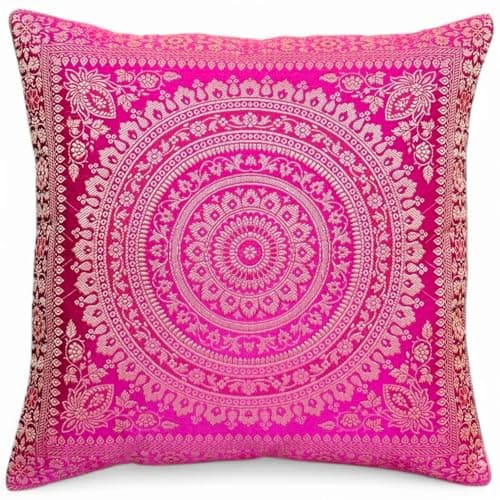 Image of Original Kikan Indian patchwork mandala sari ethnic silk Banarsi cushion covers mandala 16"x16" (Pink)