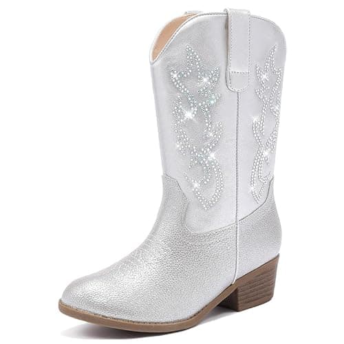 Image of LAURMOSA Kids Cowboy Boots for Girls Cowboy Boots for Kids Cowgirl Boot Western Cow Girl Silver Boot Size 3 Rhinestone Sparkly Mid Calf Big Girl Party Birthday Country Dance Riding (UKL1030RhSilver 3)