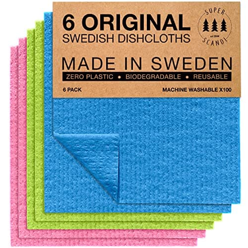 Image of SUPERSCANDI 6 Pack Reusable Cleaning Cloths - 100% Biodegradable & Compostable | Washable Swedish Dishcloth - Food-Safe & Plastic-Free | Kitchen Cloth Suitable for Any Surface, Pink Green Blue