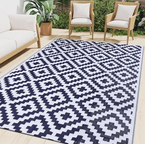 Image of smiry Outdoor Rug Waterproof Garden Rugs UV-Resistant Outside Patio Carpet Reversible Plastic Straw Mat for Balcony, Camping, Picnic, Backyard - 120 x 180 cm, Navy Blue & White