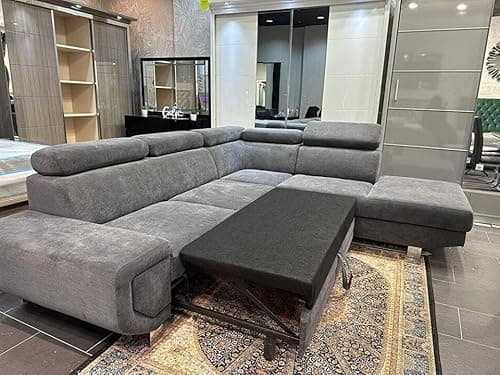 Image of Bishop Grey Corner Sofa Bed with Storage & Adjustable Headrests | Pull-Out Double Sofa Bed | L-Shaped Sectional Couch with Ottoman Storage | Modern Fabric Sofa for Living Room | Right Hand