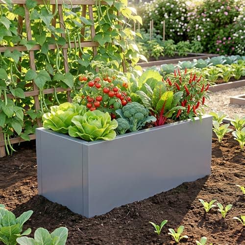 Image of Warmiehomy Raised Garden Beds Galvanised Steel, Outdoor Planter Box with Drainage Holes, 80x30x30cm, 70L Metal Raised Beds with Safety Edging for Vegetables, Flowers, Herbs, Dark Grey