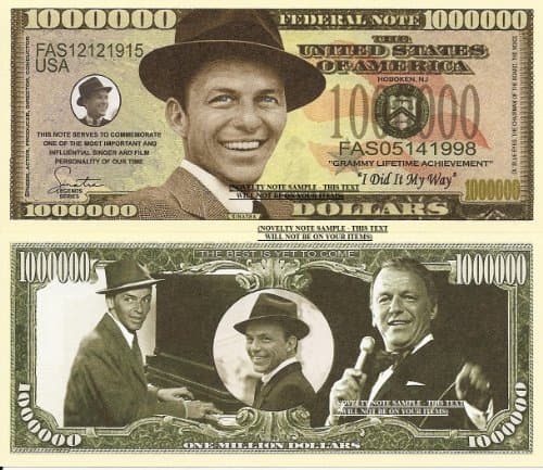 Image of Novelty Dollar Frank Sinatra Ol Blue Eyes Million Dollar Bills x 2 I Did It My Way Singer Actor