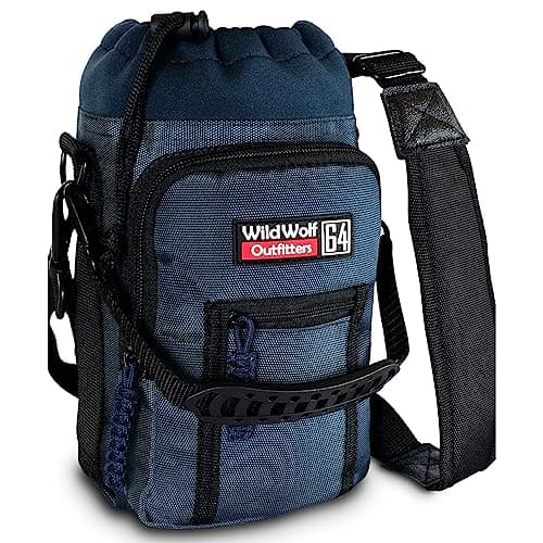 Image of Wild Wolf Outfitters Water Bottle Carrier Holder with Adjustable Strap and 2 Pockets for Hands-Free Walking and Hiking | Navy, 1.9 L