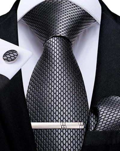 Image of DiBanGu Mens Tie Silk Gray Necktie and Pocket Square Cufflinks Tie Clip Set Classic Formal Ties for Wedding