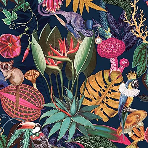Image of World of Wallpaper Wonderland Tropical Animal Jungle Wallpaper Colourful Bold Feature Wall Paper for Living Room Bedroom (Navy Blue)