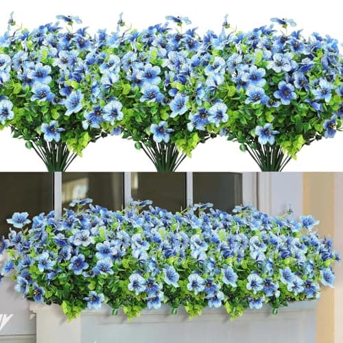 Image of LOMOHOO 8 Bundles Artificial Flowers Outdoor UV Resistant Fake Flowers No Fade Faux Plants Garden Porch Window Box Decorating (Blue)