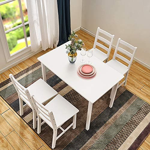 Image of Panana Pine Wood Dining Table and 4 Chairs Set, 5-Piece Home Kitchen Furniture Set (White)