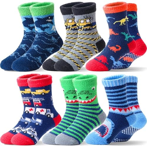 Image of Welwoos Kids Boys Fluffy Grips Socks Non Slip Anti Skid Thermal Winter Warm Thick Slipper Fun Cosy Bed Hospital Toddlers Socks 6 Pairs Christmas Gifts Stocking Fillers(Animal & Cars,3-6 Years)