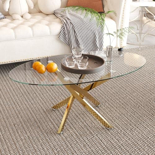 Image of GOLDFAN Oval Glass Coffee Table with Gold Crossed Legs, Modern Clear Tempered Glass Centre Table for Living Room, Office, Apartment or Lounge