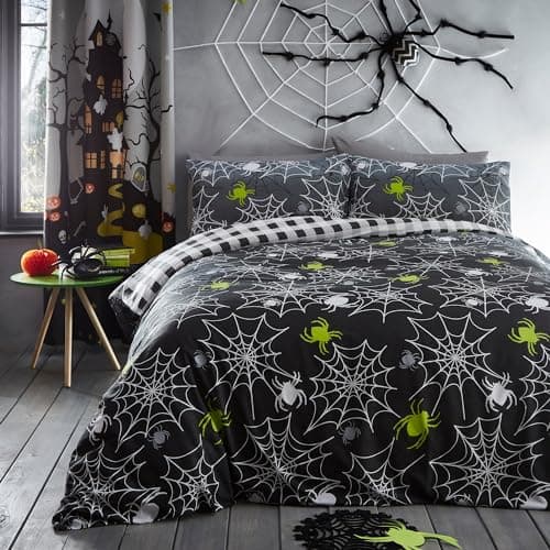Image of Bedlam - Halloween Spiders Duvet Cover - Single Bedding Size (140 x 200cm) - Reversible (2 Designs) - Black Check - Glow in the Dark - Spider Webs Halloween Bedding with Grey Decorations