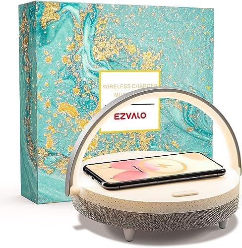 Image of EZVALO LED Night Light, Music Bedside Lamp with Wireless Charger, 4 in 1 Touch Lamp, Portable Bluetooth Speaker, Dimmable Phone Holder, Wireless Charging, Gift for