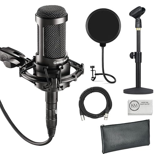 Image of Audio-Technica AT2035 Cardioid Condenser Microphone for Content Creators, Streamers, Podcasters and Musicians Bundled with XLR Cable + Pop Filter + Desktop Mic Stand (4 Items)