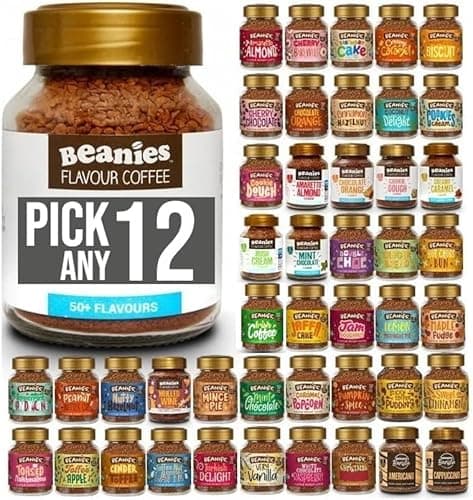 Image of Beanies Flavoured Instant Coffee Pick Any 12 Jars (50g) from 38+ Blends Inc. Chai Latte, Nutty Hazelnut, Mocha, Creamy Caramel, Amaretto Almond, double chocolate, mince pie