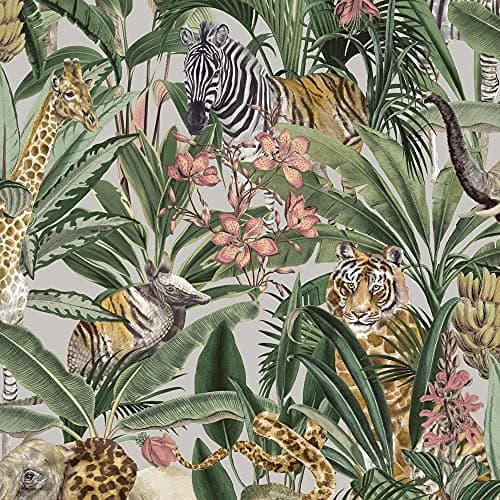 Image of Safari Floral Animal Fusion Wallpaper - Grey/Silver Metallic/Green/Multi Holden 13014 - Giraffes, Elephants, Tigers
