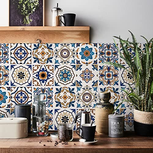 Image of Moroccan Tile Stickers for Kitchen 24 pcs Bathroom Self Adhesive Wall Tiles Stick Waterproof Oil-Proof Vintage Mosaic Art (15cm x 15cm, 6x6 inches) for Stairs (Blue Orange 2)
