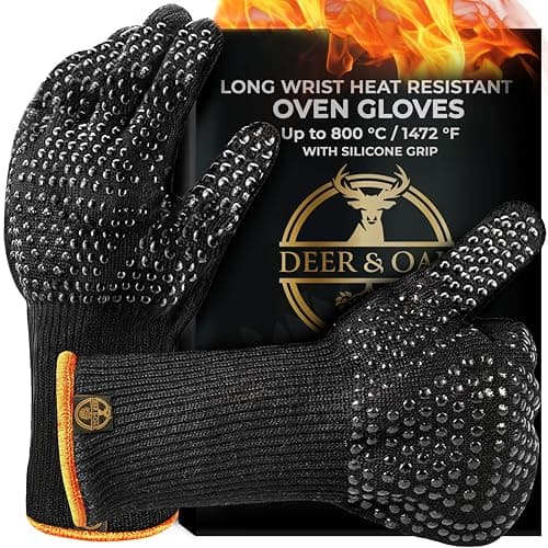 Image of Deer & Oak Long Wrist Heat Resistant Non Slip Oven Mitts - Up to 800°C / 1472°F Heatproof BBQ Gloves with Silicone Grip, Oven Gloves for Grilling, Cooking, Baking