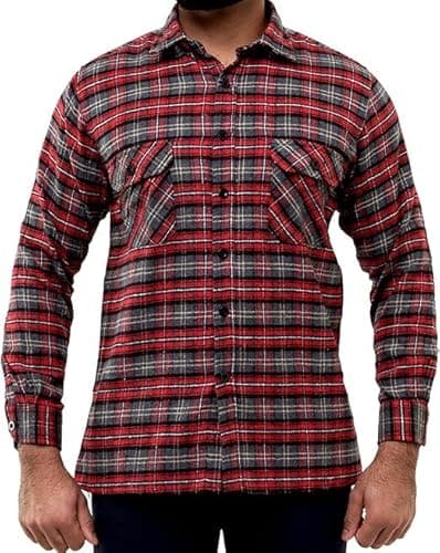 Image of Men’s Brushed Cotton Flannel Shirt – Warm Check Lumberjack Work Shirt | Soft Heavyweight Winter Casual Shirt for Outdoor, Workwear & Everyday Comfort[Red 1,L]