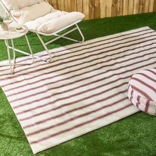 Image of OHS Outdoor Rug Vintage Stripe, Garden Rug Water Resistant Foldable Non Slip Large Rug Reversible Decking Tiles Outdoor Carpet for Patio Poolside Porch Picnic Camping, Chocolate/Cream - 160 x 230cm