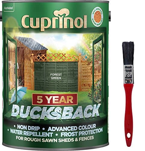 Image of New 2020 Cuprinol Ducksback Shed & Fence Paint 5 Litre Forest Green. Non Drip, Water Repellent and Frost Defence. Protection for 5 Years. Includes PSP Touch up Brush.