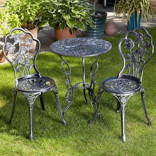 Image of Home Source Rose Garden Patio Outdoor Bistro Set Table and 2 Chairs Metal Garden Furniture, Grey