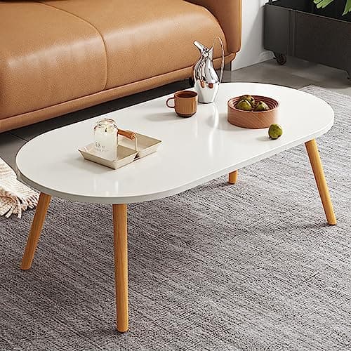 Image of Low Oval Coffee Table,Solid Table Legs, Mid Century Modern Coffee Tables, Centre Table For Living Room, Tea Table, Side Table for Living Room,Small Space, 85x 45 x 40cm (marble white)