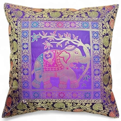Image of Original Kikan Indian Elephant Mandala Silk Cushion Covers Sari Brocade Boho Home Decor Cushion- Pillow Cases 16”x16” Zip Closure Banarsi | Ethnic - Handmade - Patchwork (Purple)
