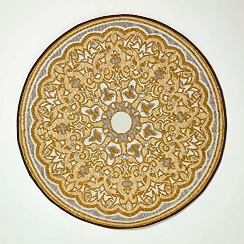 Image of HOMESCAPES Luxury Round Outdoor Rug, Reversible & Seamless, Garden Rug for Patios Waterproof - 100% Recycled Plastic - Picnic Camping Backyard Grey & Yellow Indoor/Outside Carpet Mat, 180cm Circle