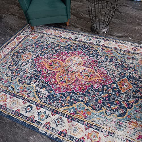 Image of THE RUGS Multicoloured Traditional Oriental Area Rug for Living Room Bedroom – Small 80x150 cm, Vintage Bordered Design