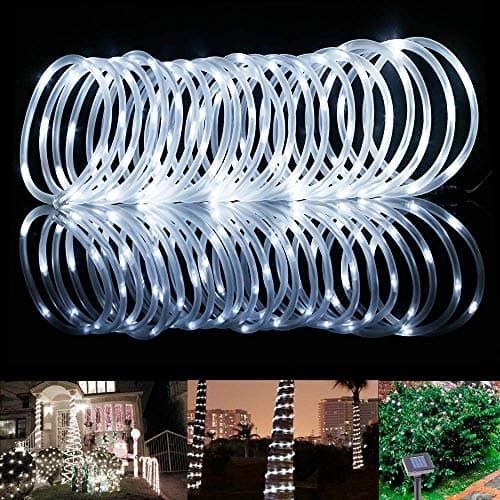 Image of 12M Solar Rope String Lights -Cool White 100 LEDS, Waterproof Outdoor Solar Strip Lights, Decorative Fairy Tube Lights for Garden, Decking, Patio, Porch, Caravan, Camping, Party, Halloween &Christmas