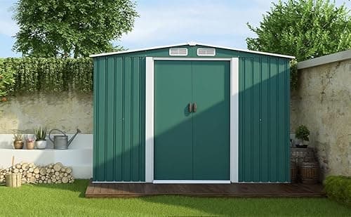 Image of 8x6ft Metal Garden Shed with Floor Foundation, Galvanized Steel Outdoor Storage Shed, 96.9x75.8x69.9 Inch, Windproof Rainproof UV Resistant (Green)