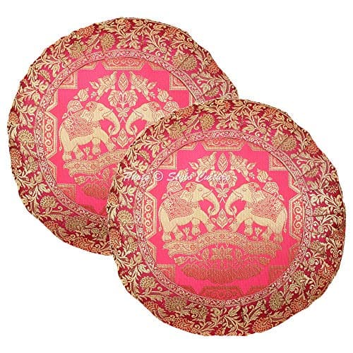 Image of Stylo Culture Indian Bohemian Sofa Cushion Covers Pink 17 x 17 Inch Round Brocade Jacquard Weave 43x43 cm Pleated Border Satin Decorative Elephant Floral Zippered Lounge Pillow Covers | Set Of 2