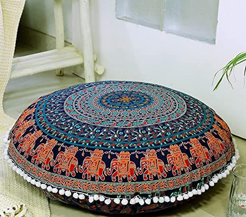Image of AVA Collections Round 32" Elephant Mandala Large Floor Pillow Cover Meditation Cushion Hippie Boho Cushions Colourful Decorative Bohemian Handmade COVER ONLY (Multicolour- Elephant)