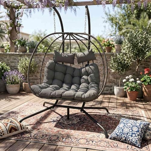 Image of BIRCHTREE Hanging Egg Chair with Thick Cushions and Stand Garden Swing Hammock Chair Indoor Outdoor Sturdy Frame PE Rattan Double for Patio Balcony Grey