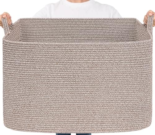 Image of TIMEYARD 105L Large Woven Storage Basket, Rectangle Cotton Rope Basket for Blankets, Clothes, Oversized Toy Storage Organizer for Living Room, Nursery,63.5x40.5x40.5cm, Brown