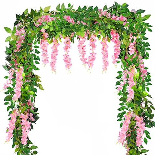 Image of Yueshop 4x 8Ft/ 2.5M Artificial Wisteria Vine Garland Plants Artificial Flowers Arts For Ceremony Home Wedding Theme Park Decoration (Pink)