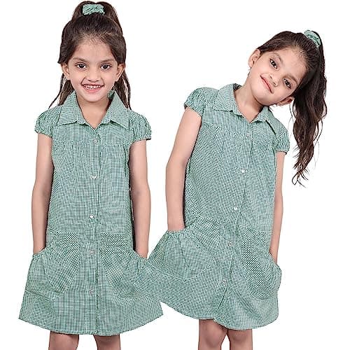 Image of A2Z 4 Kids Girls Dress Pack of 2 School Uniform Pleated Gingham Checked Summer - UF Dress 648 Green 2 Pack 6-7