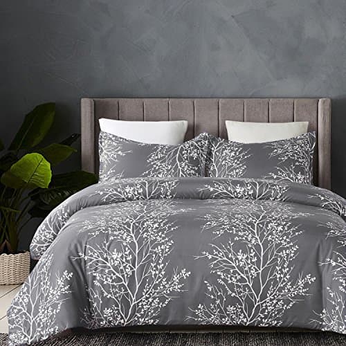 Image of YEPINS Soft Bedding Quilt Duvet Cover Set with Zipper Closure and Corner Ties, Print Floral Pattern Design, Grey Colour- Brushed Microfiber Super King (260X220cm)