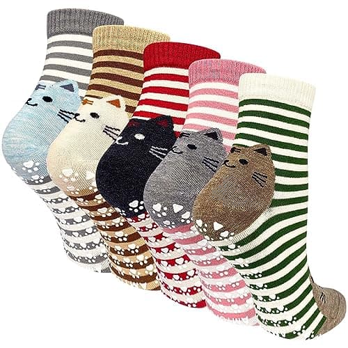 Image of PUTUO Non Slip Socks for Women: Cat Socks Ladies Funny Animal Funky Cotton Sock With Grip - Novelty Cute Christmas Gifts for Kitten Lover 5 Pairs Size 4-9
