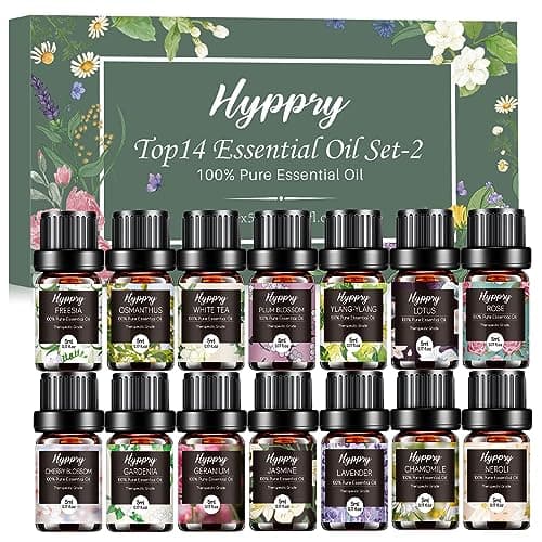 Image of Hyppry Floral Fragrance Oils Set 14 x 5 ML, Natural Essential Oils for Diffusers for Home, Candle Making - Lavender, Rose, Freesia, Ylang-Ylang, Jasmine, Chamomile, Neroli, Cherry Blossom