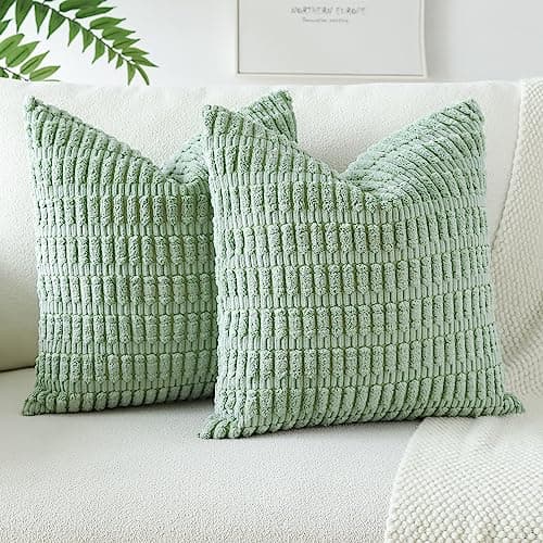 Image of JOTOM Corduroy Soft Striped Decorative Throw Pillow Covers 22x22 Inch Cushion Covers 55x55 cm Cushion Case Square Pillowcase for Couch Sofa Living Room Bed Home Boho Decor Set of 2 (Sage Green)