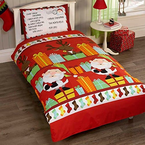 Image of Father Christmas Kids Santa Presents Xmas Quilt Duvet Cover and Pillowcase Bedding Bed Set, Multi-Colour, 2 pcs, Single