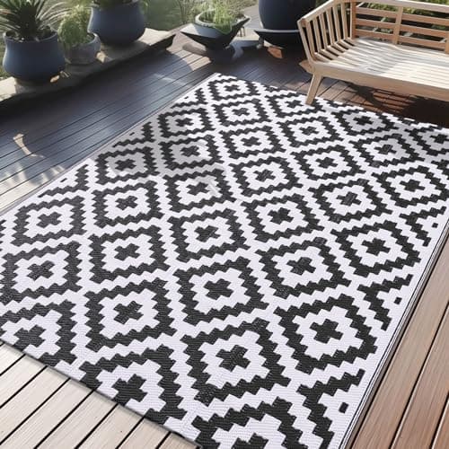 Image of Homaxy Waterproof Outdoor Rug, Anti-slip Reversible Plastic Straw Garden Rugs, Easy Cleaning Carpet Patio Area Rugs for Camping, Deck, Beach, Picnic, Backyard (120 x 180 cm, Black & White)