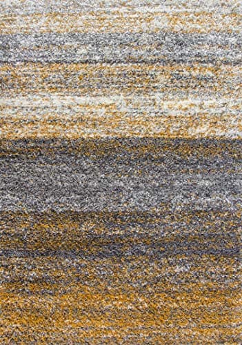 Image of Luxury Thick Stripe Ochre Yellow Grey Shaggy Living Room Area Rug Hygge Super Soft Lounge Bedroom Hall Rugs 200cm x 290cm