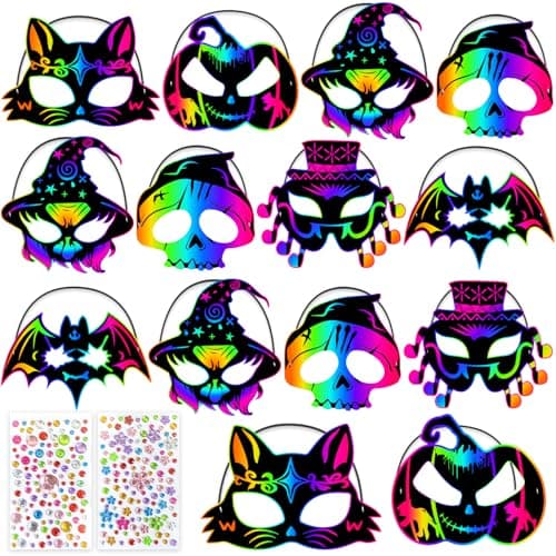 Image of Zenoble 36 PCS Halloween Crafts Scratch Masks for Kids Halloween Games Scratch Art and Craft Kit DIY Rainbow Magic Scratch Paper Mask for Cosplay Decoration Party Favors Supplies Classroom Activities